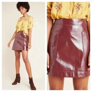 Anthropologie Maeve Faux Wine Red Patent Leather Mini Skirt Pockets Size 10 M